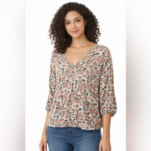P.S. Kate Boho Floral V Neck Blouse Beachy Hippie Flowy Top